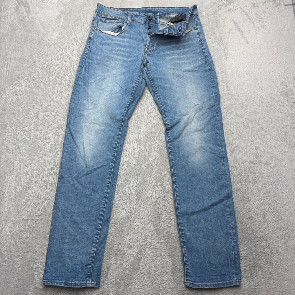 G-Star Raw Jeans Mens 32x32 Blue 3301 Slim Fit Light Wash Button Fly Denim